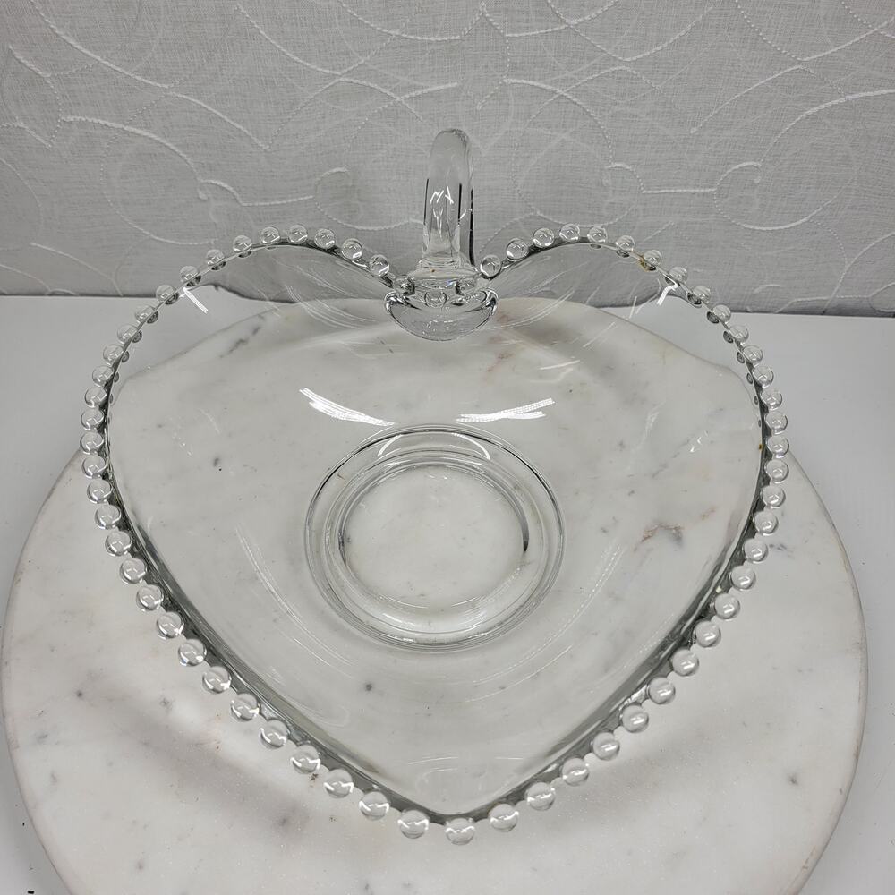 Vintage Imperial Candlewick Hobnail Heart Bowl 9" Clear Glass Handle Bread Candy